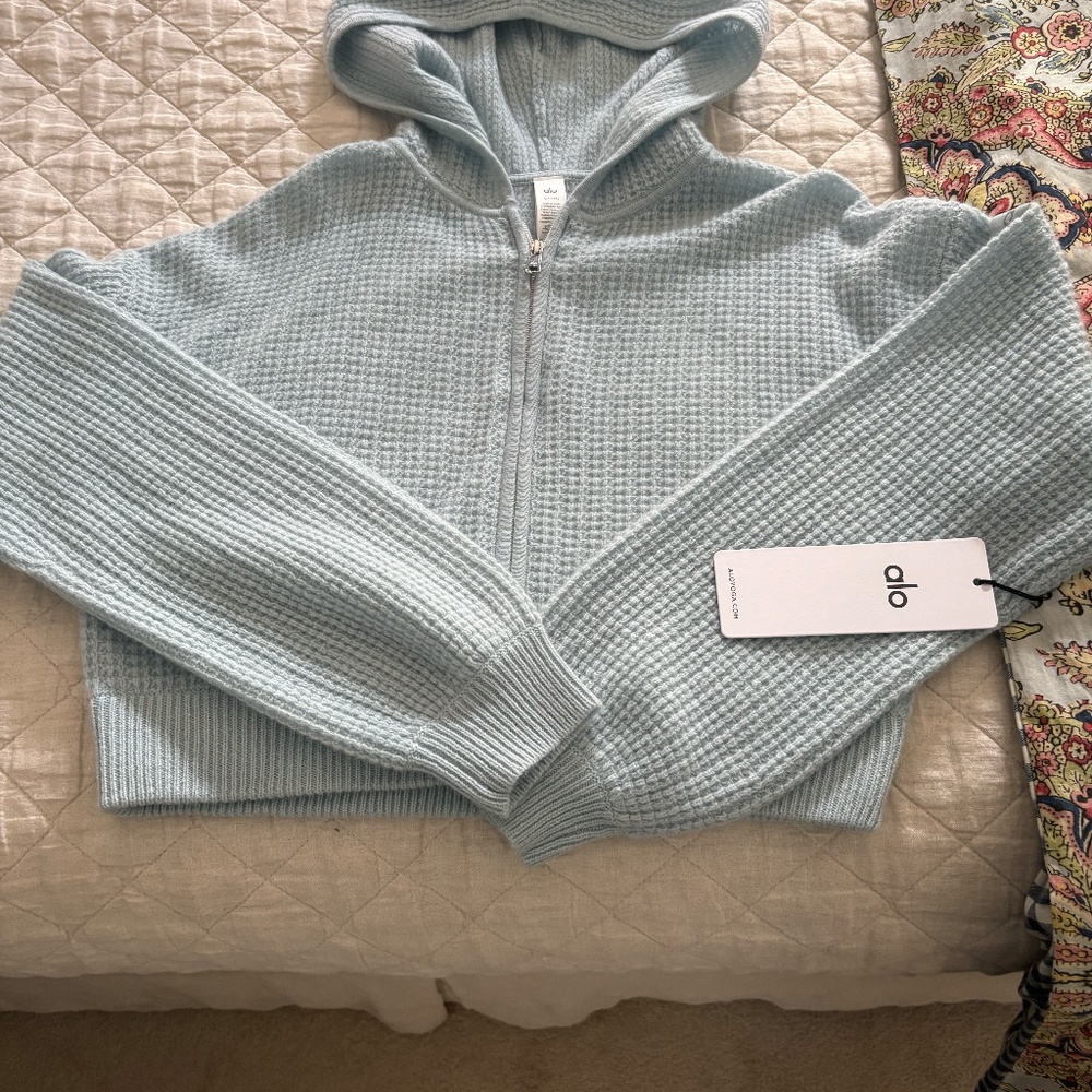 ALO Cashmere Plus Waffle Full Zip Hoodie - Crystal Blue NWT - Picture 7 of 9